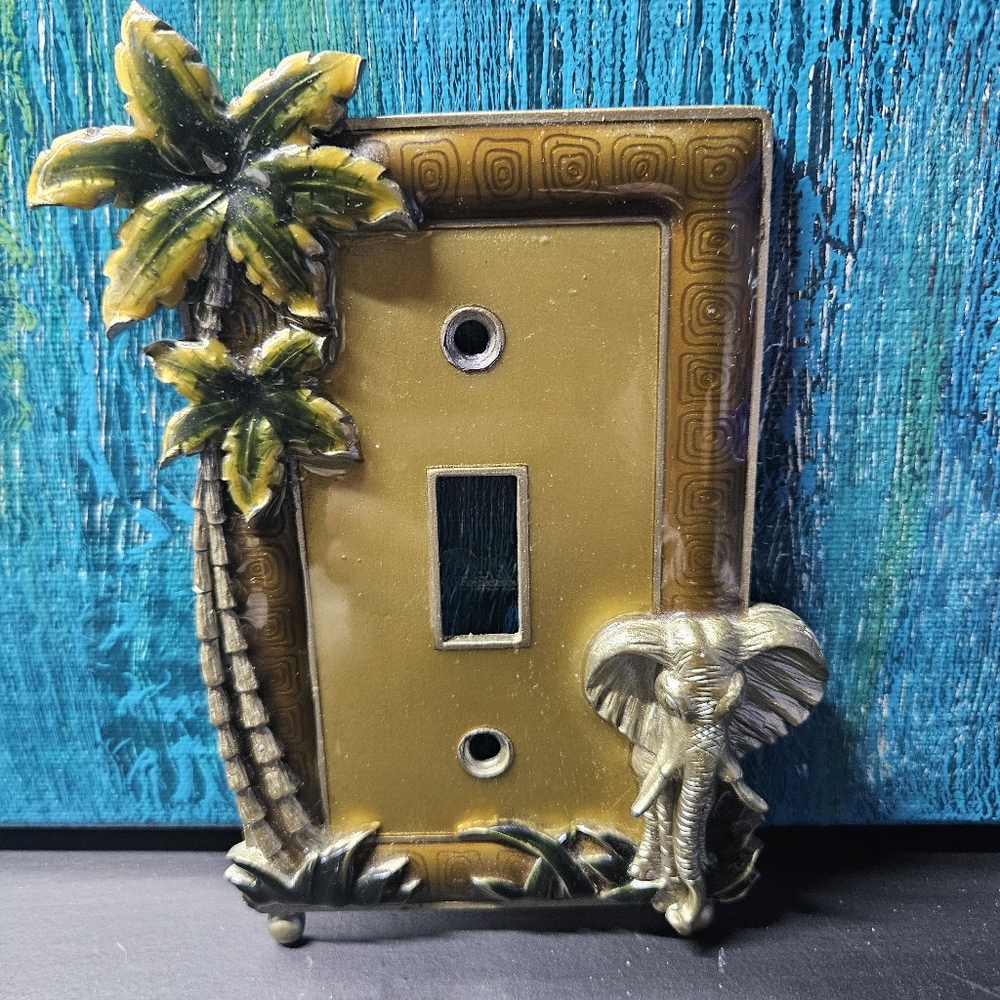 VINTAGE Tropical Palm Tree and Elephant Light Switch Cover Pewter & Enamel